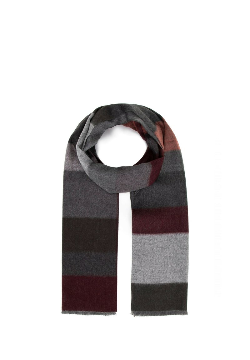 Woolen scarf in gray, burgundy, and olive green stripes. Soft texture with fringed ends, designed for warmth and versatility.