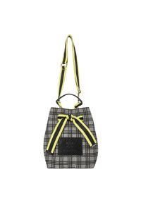 Harmaan ja mustan ruudullinen ämpärilaukku, jossa on säädettävä keltamusta raitainen olkahihna ja nauha, joka esittelee mustan logopatchin edessä.