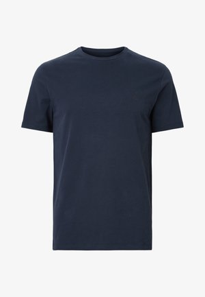 Navy blue short-sleeve t-shirt made of cotton, features a plain design with a subtle logo detail on the left chest area.