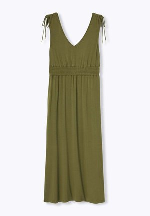 Robe midi sans manches vert olive avec col en V, taille élastiquée froncée et bretelles à nouer réglables aux épaules.