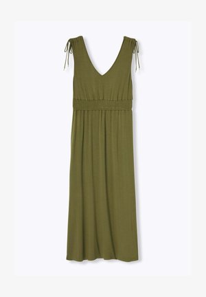 Robe midi sans manches vert olive avec col en V, taille élastiquée froncée et bretelles à nouer réglables aux épaules.