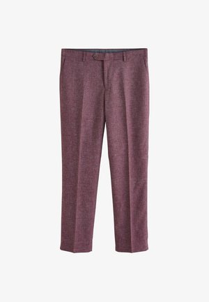 Maroon trousers with a textured, woven pattern. Features a button closure, two side pockets, and a classic straight-leg design.