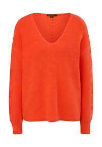 Sweter z dekoltem w kształcie litery V, z długim rękawem w jasnym pomarańczowym kolorze, z prążkowaną teksturą i luźnym krojem, z delikatnym detalem przeszycia biegnącym wzdłuż środka.