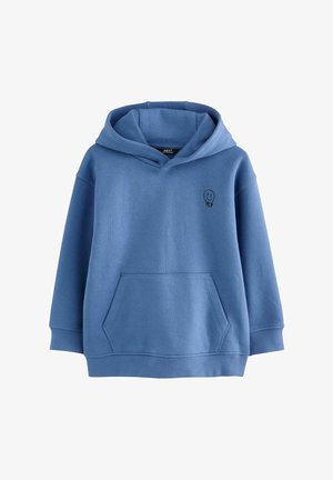 Blauwe katoenen hoodie met een vooraanstaande kangoeroezak, ribbelmanchetten en een glimlachlogo op de borst. Zacht, gestructureerd materiaal.