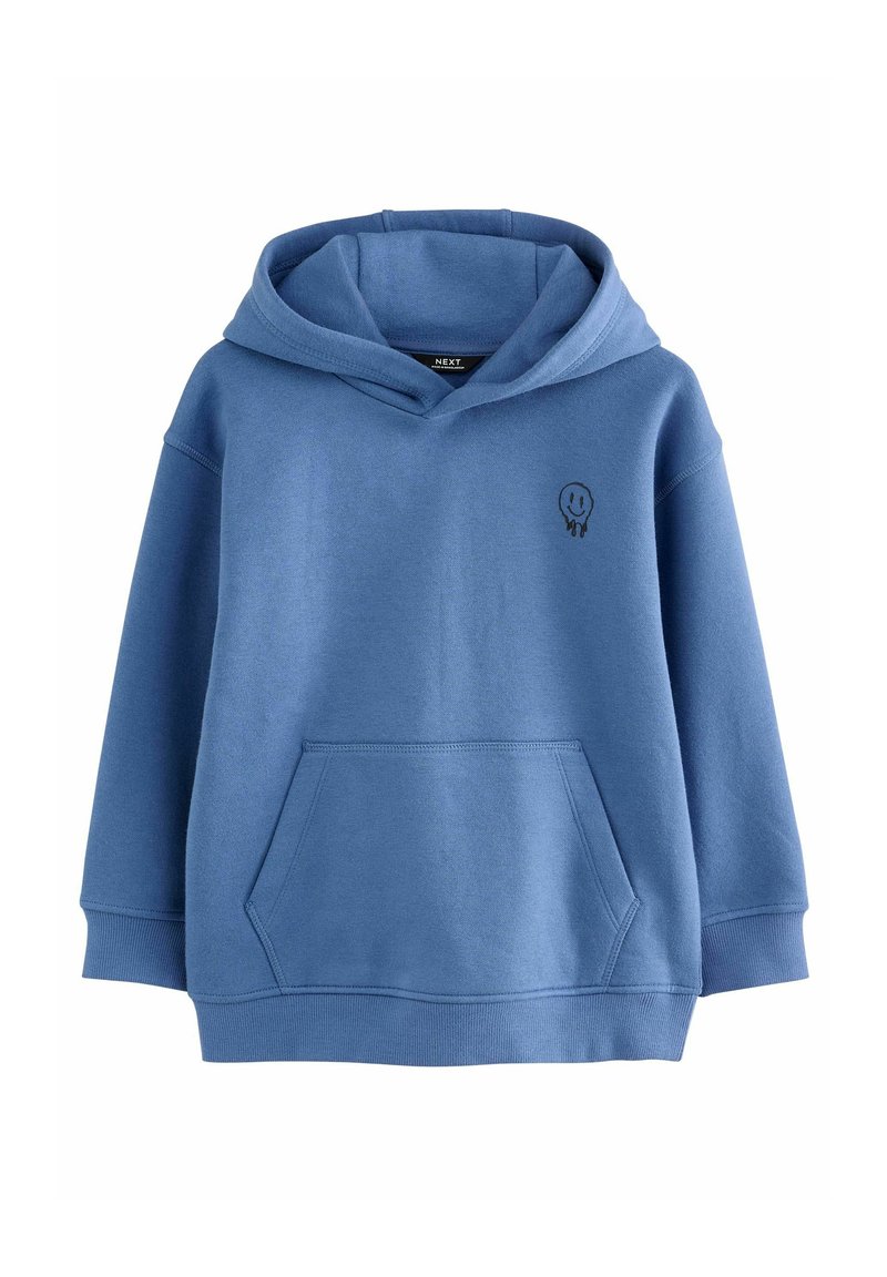 Hoodie bleu pour enfants avec poche avant et petit design de smiley noir dégoulinant sur la poitrine gauche.