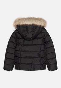 Black puffer jacket with a hood, featuring a faux fur trim, horizontal stitched panels, and elastic cuffs for warmth and fit.