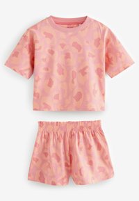 Set di t-shirt e pantaloni corti in cotone rosa, caratterizzato da un motivo leopardato rosa chiaro, con scollo rotondo e vita elasticizzata sui pantaloni.
