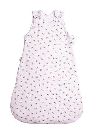 Bezrekawnikowa biała śpiworek dla niemowląt z małym różowo-pomarańczowym wzorem kwiatowym i zatrzaskami na ramionach.