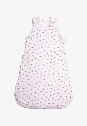 Bezrekawnikowa biała śpiworek dla niemowląt z małym różowo-pomarańczowym wzorem kwiatowym i zatrzaskami na ramionach.