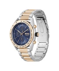 Chronograph-Uhr mit dunkelblauem Ziffernblatt, goldfarbener Lünette und silber-goldenem Edelstahlarmband. Verfügt über drei Subdials und eine Tachymeterskala.