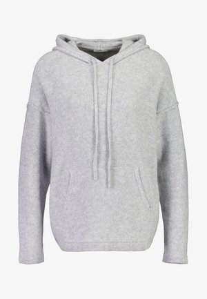 Grijze hoodie van een zachte, geweven stof. Bevat een voorvak, trekkoorden en een verlengde schouderlijn voor een ontspannen pasvorm.