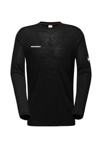 Zwarte longsleeve shirt van zacht materiaal met een ronde hals, oranje accent op de kraag en witte "MAMMUT" logo op de borst.