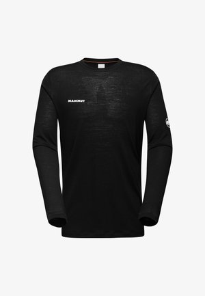 Maglietta nera a maniche lunghe realizzata in materiale morbido, con colletto rotondo, accento arancione sul colletto e logo bianco "MAMMUT" sul petto.