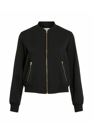 Black bomber jacket with a zip front, ribbed collar and cuffs, two front pockets with golden zippers, and a cropped silhouette.