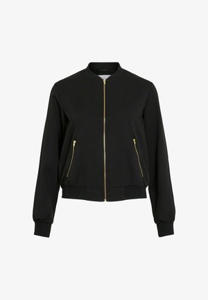Jachetă bomber neagră cu fermoar frontal, guler și manșete ribbate, două buzunare frontale cu fermoare aurii și o siluetă scurtă.
