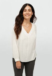 Weiße Bluse mit langen Ärmeln, V-Ausschnitt und vertikalen Streifen, kombiniert mit dunkelgrauen Hosen. Verfügt über knöpfbare Manschetten und eine schlichte Perlenkette.