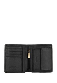 Zwarte leren portemonnee met een ritscompartiment, meerdere kaartsleuven en een gestructureerde afwerking. Compacte rechthoekige vorm met een slank ontwerp.