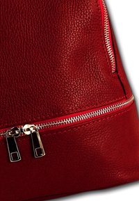 Sac à main en cuir texturé rouge avec fermeture éclair métallique. Les caractéristiques incluent une fermeture zippée lisse en haut et des accents de couture bien visibles.