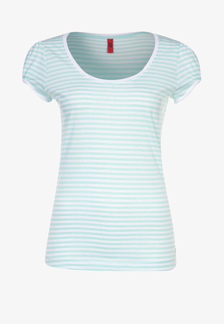 Chemise femme à manches courtes avec des rayures horizontales vert clair et blanches et un col en U.