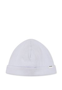 Bonnet côtelé bleu clair avec un revers, présentant une petite étiquette blanche avec "BOSS" sur le côté. Texture douce et ajustement serré.