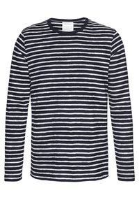 Marinblå och vit randig långärmad t-shirt med rund halsringning, i bomullsblandat material, med jämnt fördelade horisontella linjer och en avslappnad passform.