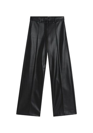 Czarne spodnie typu wide-leg z sztucznej skóry, charakteryzujące się eleganckim fasonem, plisami z przodu i ukrytym zamkiem błyskawicznym dla uzyskania schludnego wykończenia.