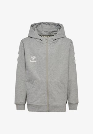 Hellgrauer Kapuzenpullover mit Reißverschluss, Fronttaschen, Kapuze, weißem Hummel-Logo auf der Brust und weißen Chevron-Streifen an beiden Ärmeln.