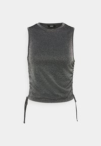 Top sans manches en gris foncé avec un effet scintillant. Présente des détails froncés sur les côtés avec des liens ajustables à l'ourlet. Encolure arrondie.