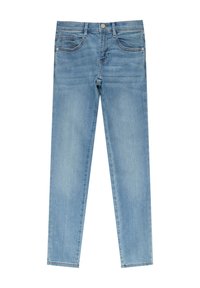 Lichtblauwe denim jeans met een fitted ontwerp, vijf zakken en een ritsluiting. Het materiaal heeft een gladde textuur met subtiele vervaging.