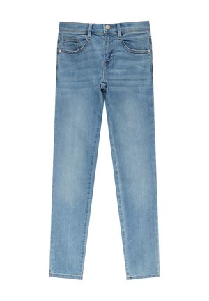 Light blue denim jeans with a fitted design, five pockets, and a zip fly closure. The material has a smooth texture with subtle fading.