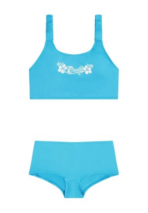 Zweiteiliges Bikini-Set in leuchtendem Blau. Das Oberteil verfügt über geraffte Träger und ein florales weißes Logo. Der Unterteil hat ein hoch tailliertes Design. Glatte Textur.