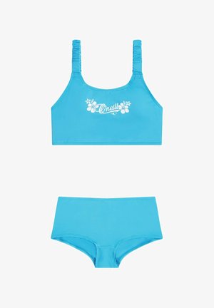 To-delt bikinisæt i klar blå. Toppen har rynkede stropper og hvidt blomsterlogo. Underdelen har højtaljet design. Glat tekstur.