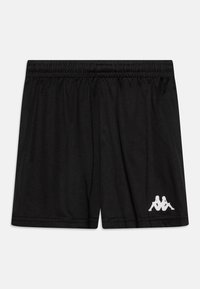 Shorts de sport noirs avec une taille élastique, présentant une texture lisse et un logo blanc sur le bas à gauche.