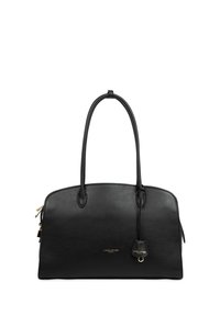 Sac à main Lancaster Paris en cuir noir avec deux poignées, logo en métal doré et étiquette en cuir attachée, sur fond blanc.