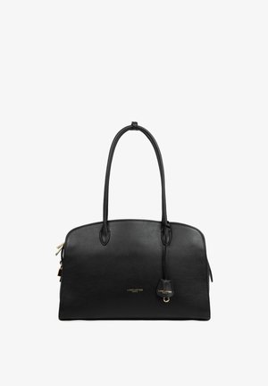 Sac à main Lancaster Paris en cuir noir avec deux poignées, logo en métal doré et étiquette en cuir attachée, sur fond blanc.