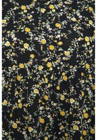 Black fabric with a floral pattern featuring yellow and white flowers, green leaves, and delicate vines. Pleated design.