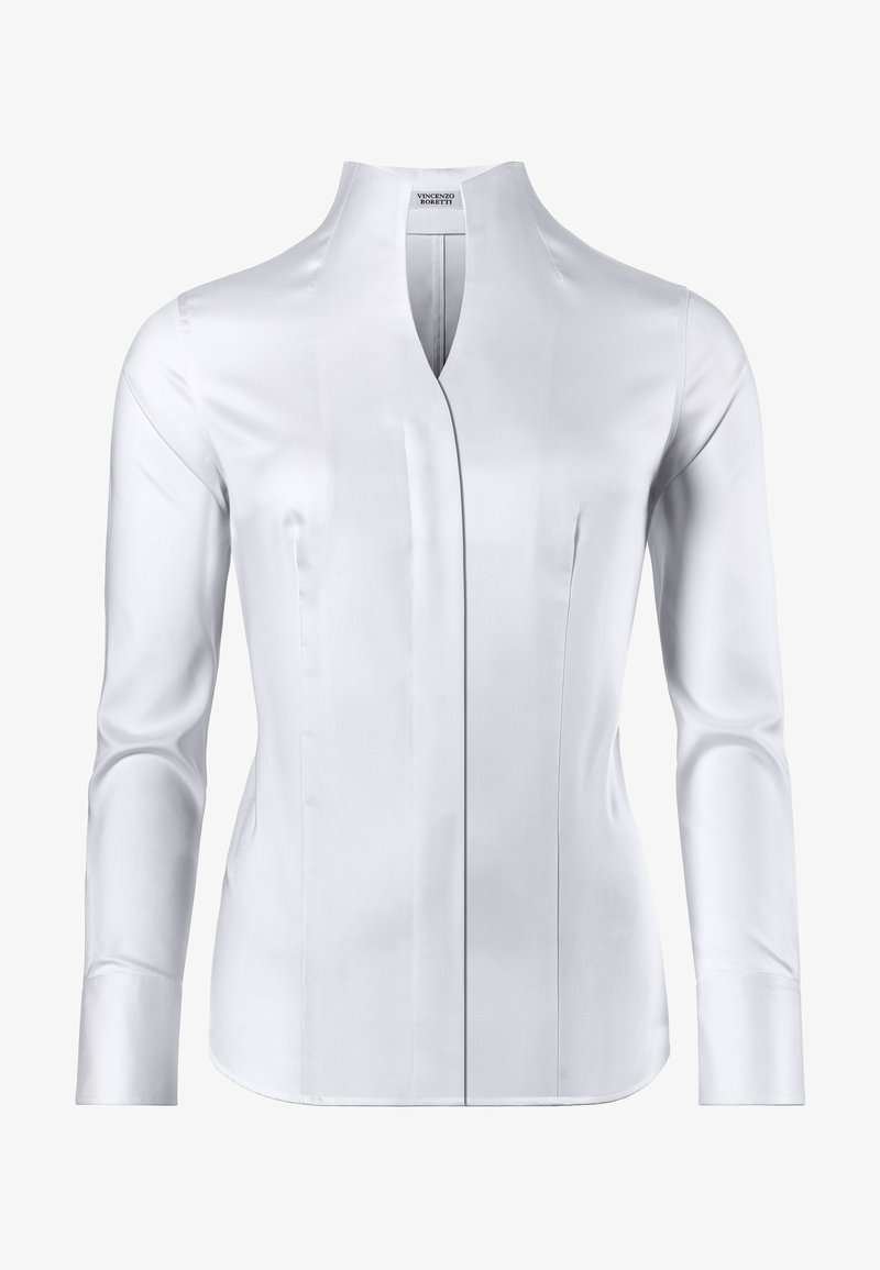 Weißes Langarmhemd mit Stehkragen, glatter Textur, vorderer Knopfleiste und dezenten Seitennähten für eine taillierte Passform.