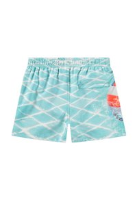 Pantaloni da bagno di colore azzurro chiaro con un motivo a onde, dotati di una piccola tasca posteriore e una stampa grafica di una tavola da surf sul lato.