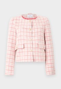 Rosa og hvit tweedjakke med en strukturert design, rund hals, gyldne knapper og to frontlommer. Teksturert mønster med rutenett design.
