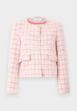 Pink and white tweed jacket with a structured design, round neckline, golden buttons, and two front pockets. Textured pattern with a grid design.
