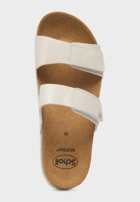 Sandal in pelle bianca con due cinturini regolabili, soletta in sughero e suola marrone chiaro. Taglia segnata come 38 sulla soletta.