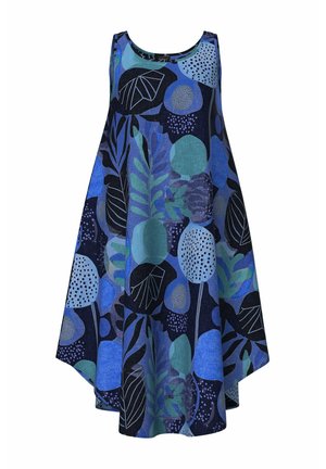 Modré vzorované šaty bez rukávů s abstraktními listy a kruhy v různých odstínech modré, zelené a černé na lehké látce.