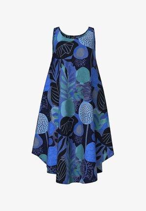 Vestito senza maniche a fantasia blu con foglie astratte e cerchi, che presenta varie tonalità di blu, verde e nero su un tessuto leggero.