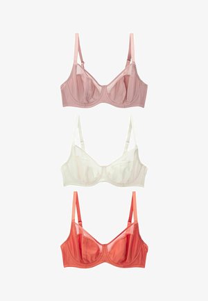 Drei BHs in den Farben Rosa, Weiß und Koralle. Hergestellt aus glattem Stoff mit durchsichtigen Netzpaneelen, Unterdrahtunterstützung und verstellbaren Trägern.