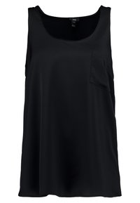 Top a maniche corte nero senza maniche con scollatura rotonda, dotato di una tasca frontale. Realizzato in tessuto liscio e leggero con un design fluido.