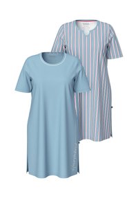 Dos vestidos cortos: uno en un azul claro sólido, y el otro con finas franjas verticales en rosa y azul. Ambos tienen mangas cortas y cuellos redondos.