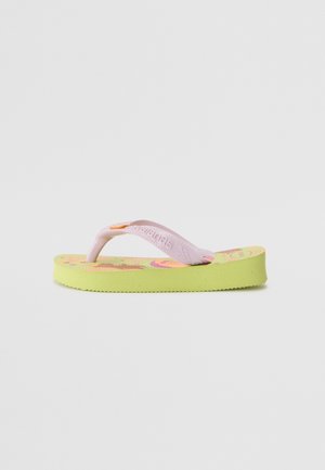 Πράσινο σαγιονάρα με υφασμένο πάτο και ροζ λουριά. Η πάνω πλευρά διαθέτει πολύχρωμο μοτίβο με σχέδια και εικονογραφήσεις.