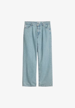 Svetlo modré džínsy s voľným strihom, rovný strih nohavíc, dve predné vrecká a zapínanie na gombík a zips.