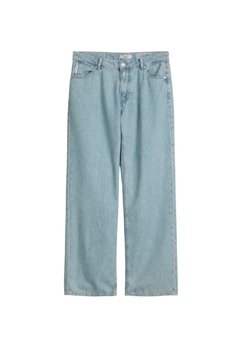 Helle blaue Denim-Jeans mit weit geschnittenem, geradem Bein, zwei Fronttaschen sowie einem Knopf- und Reißverschluss.