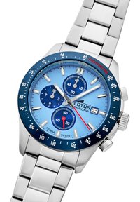 Orologio metallico argentato con quadrante a gradiente blu, tre sottocampionatori, lunetta tachimetrica e bracciale in acciaio inox.